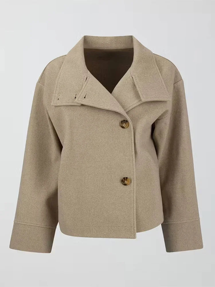 Khaki Color Women’s Wool Blend Single-Breasted High Street Coat