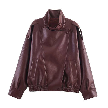 Maroon Color Vintage Stand Neck Faux Leather Biker Jacket For Women