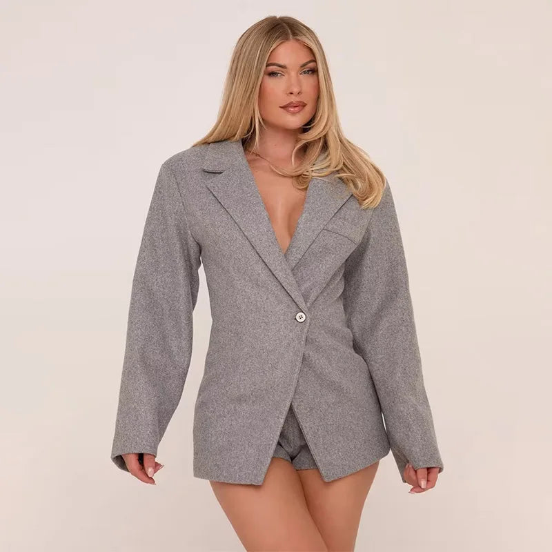 grey Color Women’s Single-Breasted Blazer Coat With Flare Sleeves