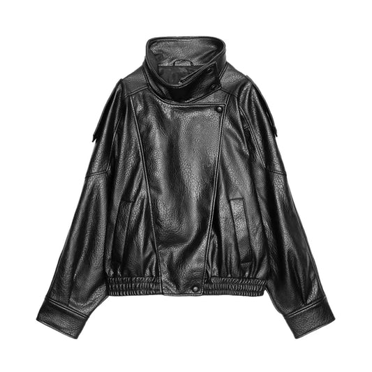 black Color Vintage Stand Neck Faux Leather Biker Jacket For Women