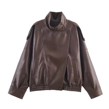brown Color Vintage Stand Neck Faux Leather Biker Jacket For Women