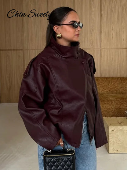 Vintage Stand Neck Faux Leather Biker Jacket For Women